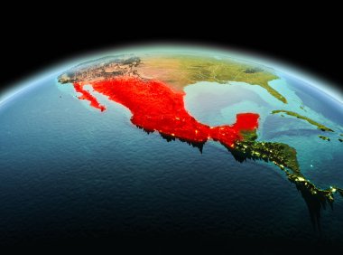 Sabah yukarıda Meksika modeli gezegeninin uzaydaki bir kırmızı vurgulanır. 3D çizim. Nasa tarafından döşenmiş bu görüntü unsurları.