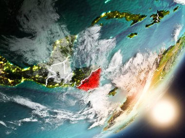 Nikaragua son derece detaylı yüzey dokuları ve görünür ülke sınırları ile uzaydan. 3D çizim. Nasa tarafından döşenmiş bu görüntü unsurları.