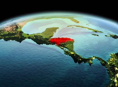 Sabah modeli gezegeninin uzaydaki bir kırmızı vurgulanır Honduras yukarıda. 3D çizim. Nasa tarafından döşenmiş bu görüntü unsurları.