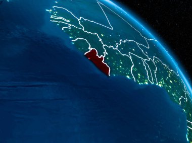 Sınır çizgileri ve şehir ışıkları ile gece red Planet Earth vurgulanmış Liberya uydu görünümü. 3D çizim. Nasa tarafından döşenmiş bu görüntü unsurları.