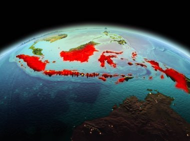 Sabah yukarıda Endonezya modeli gezegeninin uzaydaki bir kırmızı vurgulanır. 3D çizim. Nasa tarafından döşenmiş bu görüntü unsurları.