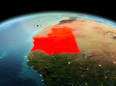 Sabah modeli gezegeninin uzaydaki bir kırmızı vurgulanır Moritanya yukarıda. 3D çizim. Nasa tarafından döşenmiş bu görüntü unsurları.