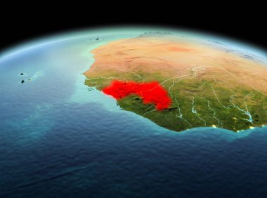 Sabah modeli gezegeninin uzaydaki bir kırmızı vurgulanır Gine yukarıda. 3D çizim. Nasa tarafından döşenmiş bu görüntü unsurları.