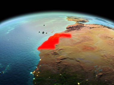 Sabah Batı Sahra modeli gezegeninin uzaydaki bir kırmızı vurgulanır yukarıda. 3D çizim. Nasa tarafından döşenmiş bu görüntü unsurları.