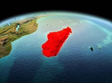 Sabah modeli gezegeninin uzaydaki bir kırmızı vurgulanır Madagaskar yukarıda. 3D çizim. Nasa tarafından döşenmiş bu görüntü unsurları.