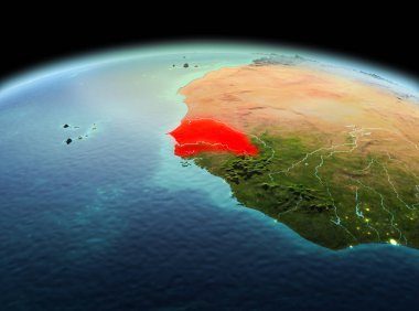 Sabah modeli gezegeninin uzaydaki bir kırmızı vurgulanır Senegal yukarıda. 3D çizim. Nasa tarafından döşenmiş bu görüntü unsurları.