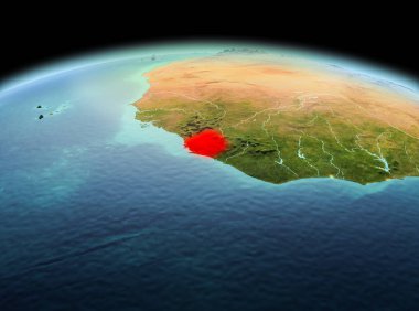 Sabah yukarıda Sierra Leone modeli gezegeninin uzaydaki bir kırmızı vurgulanır. 3D çizim. Nasa tarafından döşenmiş bu görüntü unsurları.