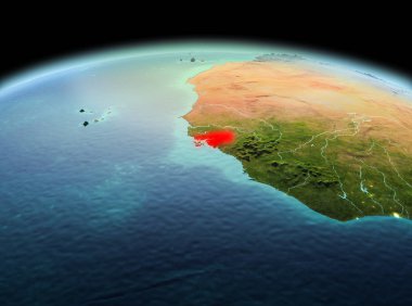 Sabah yukarıda Gine-Bissau modeli gezegeninin uzaydaki bir kırmızı vurgulanır. 3D çizim. Nasa tarafından döşenmiş bu görüntü unsurları.