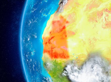 Planet Earth bulutlar ve atmosfer ile uzaydan görüldüğü gibi Moritanya Haritası. 3D çizim. Nasa tarafından döşenmiş bu görüntü unsurları.