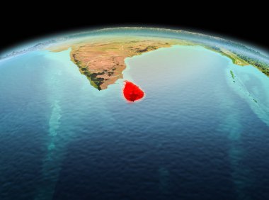 Sabah yukarıda Sri Lanka modeli gezegeninin uzaydaki bir kırmızı vurgulanır. 3D çizim. Nasa tarafından döşenmiş bu görüntü unsurları.