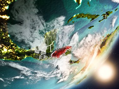 Honduras son derece detaylı yüzey dokuları ve görünür ülke sınırları ile uzaydan. 3D çizim. Nasa tarafından döşenmiş bu görüntü unsurları.