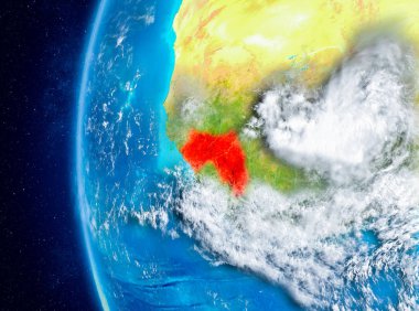Planet Earth bulutlar ve atmosfer ile uzaydan görüldüğü gibi Gine Haritası. 3D çizim. Nasa tarafından döşenmiş bu görüntü unsurları.