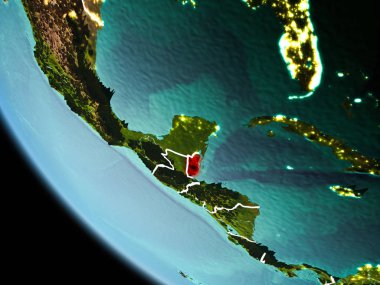 Belize çok detaylı yüzey dokuları görünür kenarlık çizgileri ve şehir ışıkları ile gece Dünya gezegeninin yörüngeden. 3D çizim. Nasa tarafından döşenmiş bu görüntü unsurları.