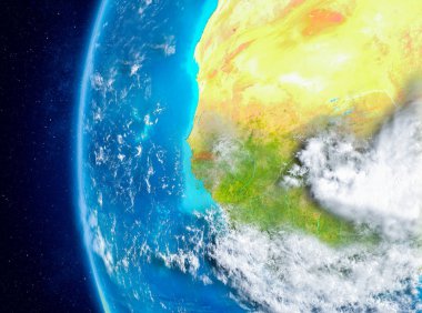 Planet Earth bulutlar ve atmosfer ile uzaydan görüldüğü gibi Gambiya haritası. 3D çizim. Nasa tarafından döşenmiş bu görüntü unsurları.