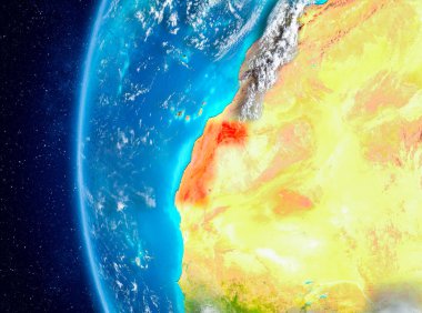 Batı Planet Earth bulutlar ve atmosfer ile uzaydan görüldüğü gibi Sahra haritası. 3D çizim. Nasa tarafından döşenmiş bu görüntü unsurları.