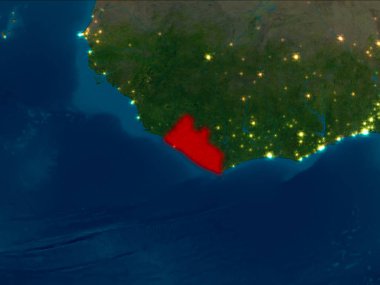 Uydu gece görünümü Liberya Planet Earth kırmızı vurgulanır. 3D çizim. Nasa tarafından döşenmiş bu görüntü unsurları.