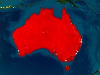 Uydu gece görünümü Avustralya Planet Earth kırmızı vurgulanır. 3D çizim. Nasa tarafından döşenmiş bu görüntü unsurları.