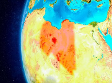 Planet Earth bulutlar ve atmosfer ile uzaydan görüldüğü gibi Libya Haritası. 3D çizim. Nasa tarafından döşenmiş bu görüntü unsurları.