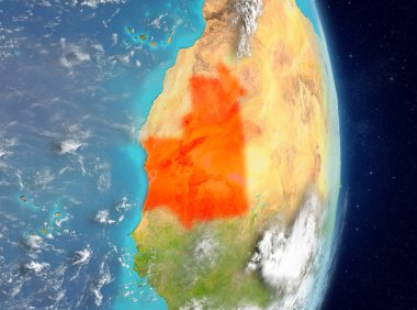 Alan görünümünü Moritanya Planet Earth atmosfer ile kırmızı vurgulanır. 3D çizim. Nasa tarafından döşenmiş bu görüntü unsurları.