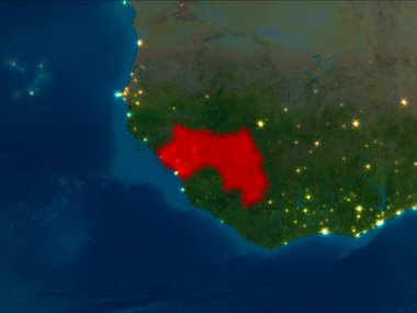 Uydu gece görünümü Gine Planet Earth kırmızı vurgulanır. 3D çizim. Nasa tarafından döşenmiş bu görüntü unsurları.