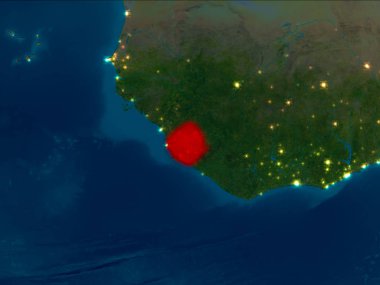Uydu gece görünümü Sierra Leone Planet Earth kırmızı vurgulanır. 3D çizim. Nasa tarafından döşenmiş bu görüntü unsurları.