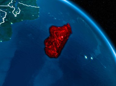 Sınır çizgileri ve şehir ışıkları ile gece red Planet Earth vurgulanmış Madagaskar uydu görünümü. 3D çizim. Nasa tarafından döşenmiş bu görüntü unsurları.