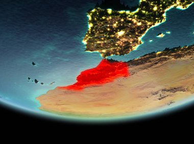 Son derece detaylı yüzey dokuları ile gece Dünya gezegeninin yörüngesine Fas'tan. 3D çizim. Nasa tarafından döşenmiş bu görüntü unsurları.