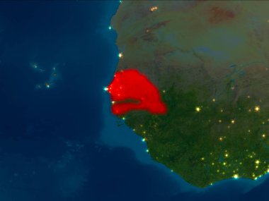 Uydu gece görünümü Senegal Planet Earth kırmızı vurgulanır. 3D çizim. Nasa tarafından döşenmiş bu görüntü unsurları.