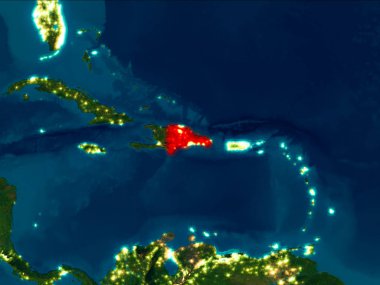 Uydu gece görünümü Dominik Cumhuriyeti Planet Earth kırmızı vurgulanır. 3D çizim. Nasa tarafından döşenmiş bu görüntü unsurları.