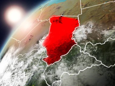 Chad red Planet Earth bulutlar ve görünür ülke sınırları ile vurgulanmış günbatımı sırasında. 3D çizim. Nasa tarafından döşenmiş bu görüntü unsurları.