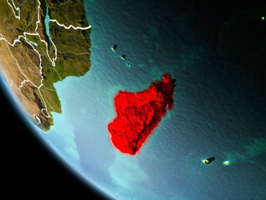 Madagaskar son derece detaylı yüzey dokuları görünür kenarlık çizgileri ve şehir ışıkları ile gece Dünya gezegeninin yörüngeden. 3D çizim. Nasa tarafından döşenmiş bu görüntü unsurları.