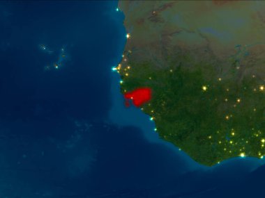 Gine-Bissau uydu gece görünümü Planet Earth kırmızı vurgulanır. 3D çizim. Nasa tarafından döşenmiş bu görüntü unsurları.
