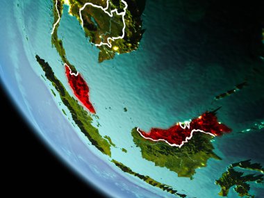 Malezya son derece detaylı yüzey dokuları görünür kenarlık çizgileri ve şehir ışıkları ile gece Dünya gezegeninin yörüngeden. 3D çizim. Nasa tarafından döşenmiş bu görüntü unsurları.