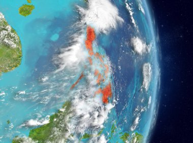 Alan görünümünü Filipinler Planet Earth atmosfer ile kırmızı vurgulanır. 3D çizim. Nasa tarafından döşenmiş bu görüntü unsurları.