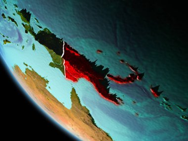 Papua Yeni Gine gezegenin Dünya'ya son derece detaylı yüzey dokuları görünür kenarlık çizgileri ve şehir ışıkları ile gece yörüngeden. 3D çizim. Nasa tarafından döşenmiş bu görüntü unsurları.