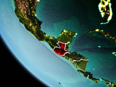 Guatemala görünür kenarlık çizgisi ve şehir ışıkları ile son derece detaylı yüzey dokuları ile gece Dünya gezegeninin yörüngeden. 3D çizim. Nasa tarafından döşenmiş bu görüntü unsurları.