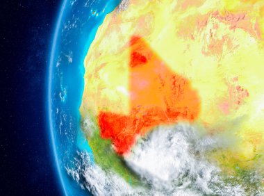 Planet Earth bulutlar ve atmosfer ile uzaydan görüldüğü gibi Mali Haritası. 3D çizim. Nasa tarafından döşenmiş bu görüntü unsurları.