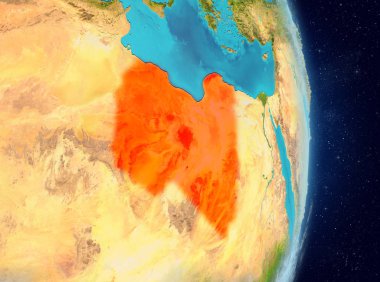 Alan görünümünü Libya Planet Earth atmosfer ile kırmızı vurgulanır. 3D çizim. Nasa tarafından döşenmiş bu görüntü unsurları.