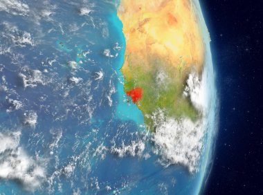 Alan görünümünü Gine-Bissau Planet Earth atmosfer ile kırmızı vurgulanır. 3D çizim. Nasa tarafından döşenmiş bu görüntü unsurları.