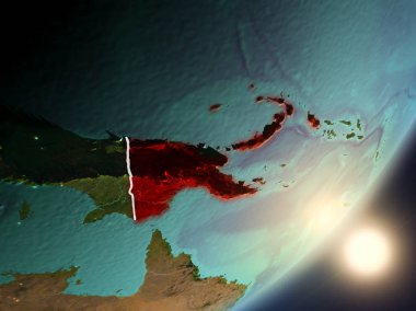 Papua Yeni Gine son derece detaylı yüzey dokuları ve görünür ülke sınırları ile uzaydan. 3D çizim. Nasa tarafından döşenmiş bu görüntü unsurları.