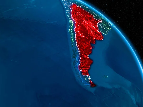 Vista Satelital Argentina Resaltada Rojo Planeta Tierra Por Noche Con —  Fotos de Stock
