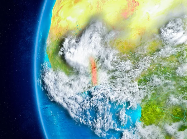 Planet Earth bulutlar ve atmosfer ile uzaydan görüldüğü gibi Togo haritası. 3D çizim. Nasa tarafından döşenmiş bu görüntü unsurları.