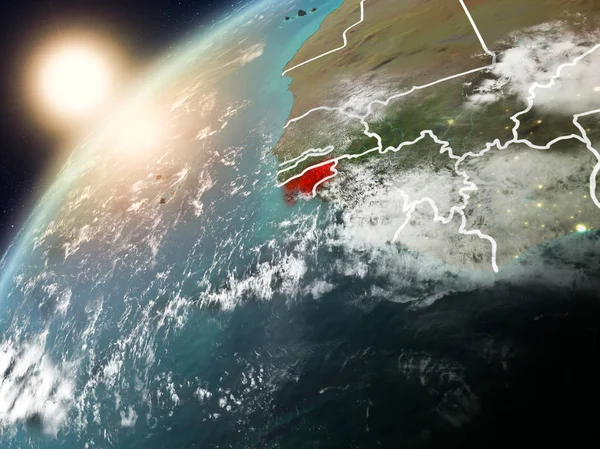 Gine-Bissau red Planet Earth bulutlar ve görünür ülke sınırları ile vurgulanmış günbatımı sırasında. 3D çizim. Nasa tarafından döşenmiş bu görüntü unsurları.