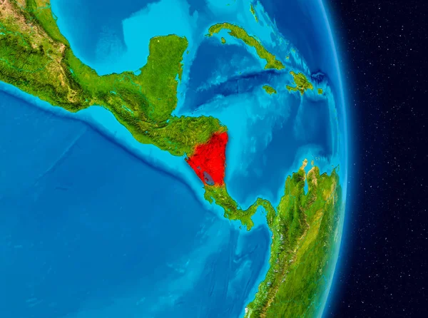 尼加拉瓜的国家在地球上的红色 Nasa 提供的这个图像的元素 — 图库照片