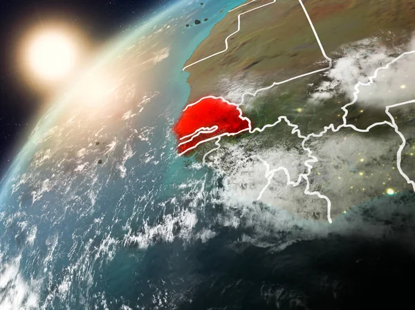 Senegal red Planet Earth bulutlar ve görünür ülke sınırları ile vurgulanmış günbatımı sırasında. 3D çizim. Nasa tarafından döşenmiş bu görüntü unsurları.
