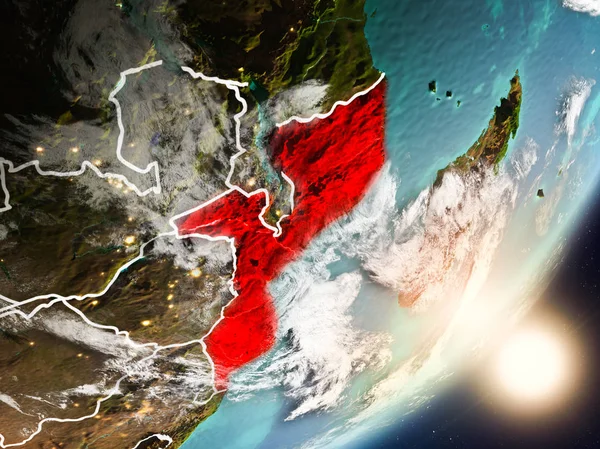 Mozambik son derece detaylı yüzey dokuları ve görünür ülke sınırları ile uzaydan. 3D çizim. Nasa tarafından döşenmiş bu görüntü unsurları.