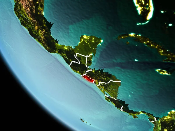 El Salvador görünür kenarlık çizgisi ve şehir ışıkları ile son derece detaylı yüzey dokuları ile gece Dünya gezegeninin yörüngeden. 3D çizim. Nasa tarafından döşenmiş bu görüntü unsurları.