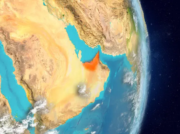 Birleşik Arap Emirlikleri red Planet Earth atmosfer ile vurgulanmış alanı görüntüleyin. 3D çizim. Nasa tarafından döşenmiş bu görüntü unsurları.