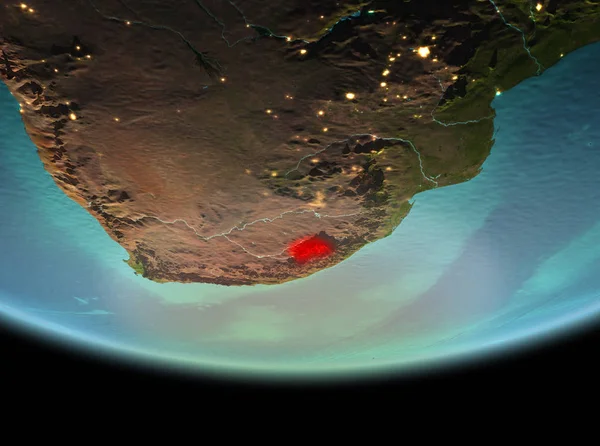 Lesotho Dünya gezegeninin son derece detaylı yüzey dokuları ile gece yörüngeden. 3D çizim. Nasa tarafından döşenmiş bu görüntü unsurları.