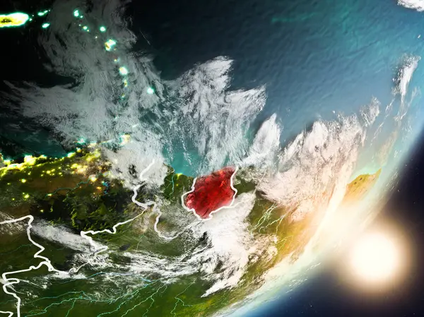 Surinam son derece detaylı yüzey dokuları ve görünür ülke sınırları ile uzaydan. 3D çizim. Nasa tarafından döşenmiş bu görüntü unsurları.